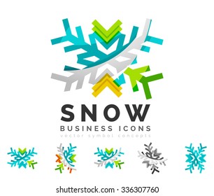 Set von abstrakten farbenfrohen Snowflake Logo Symbole, Winterkonzepte, sauberes modernes geometrisches Design. Mit transparenten abstrakten Linien erstellt