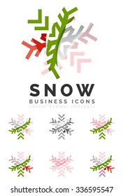 Conjunto de íconos abstractos coloridos del logo del copo de nieve, conceptos de invierno, diseño geométrico moderno y limpio. Creado con líneas abstractas transparentes