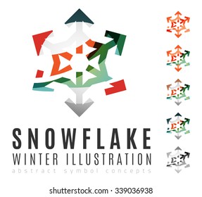 Conjunto de íconos abstractos coloridos del logo del copo de nieve, conceptos de invierno, diseño geométrico moderno y limpio. Creado con líneas abstractas transparentes