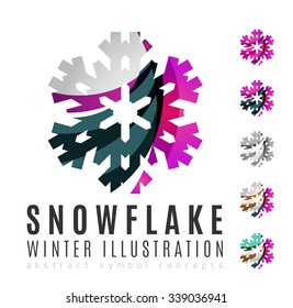 Conjunto de íconos abstractos coloridos del logo del copo de nieve, conceptos de invierno, diseño geométrico moderno y limpio. Creado con líneas abstractas transparentes