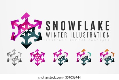 Set von abstrakten farbenfrohen Snowflake Logo Symbole, Winterkonzepte, sauberes modernes geometrisches Design. Mit transparenten abstrakten Linien erstellt