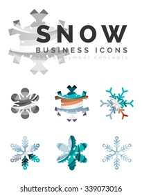 Conjunto de íconos abstractos coloridos del logo del copo de nieve, conceptos de invierno, diseño geométrico moderno y limpio. Creado con líneas abstractas transparentes