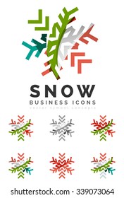 Conjunto de íconos abstractos coloridos del logo del copo de nieve, conceptos de invierno, diseño geométrico moderno y limpio. Creado con líneas abstractas transparentes