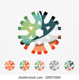 Conjunto de íconos abstractos coloridos del logo del copo de nieve, conceptos de invierno, diseño geométrico moderno y limpio. Creado con líneas abstractas transparentes