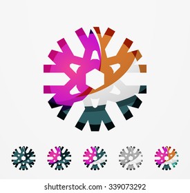 Conjunto de íconos abstractos coloridos del logo del copo de nieve, conceptos de invierno, diseño geométrico moderno y limpio. Creado con líneas abstractas transparentes