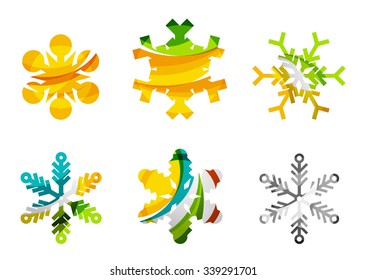 Set of abstract colorful snowflake logo icons, winter concepts, clean modern geometric design. Created with transparent abstract lines