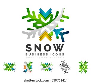 Conjunto de íconos abstractos coloridos del logo del copo de nieve, conceptos de invierno, diseño geométrico moderno y limpio. Creado con líneas abstractas transparentes
