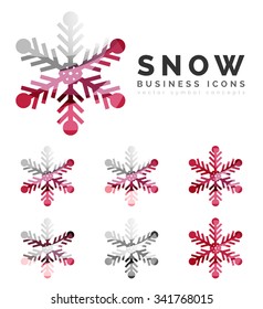 Conjunto de íconos abstractos coloridos del logo del copo de nieve, conceptos de invierno, diseño geométrico moderno y limpio. Creado con líneas abstractas transparentes