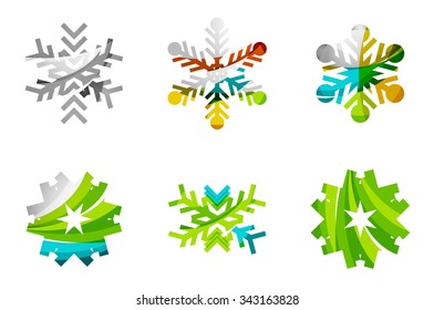 Conjunto de íconos abstractos coloridos del logo del copo de nieve, conceptos de invierno, diseño geométrico moderno y limpio. Creado con líneas abstractas transparentes