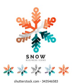 Conjunto de íconos abstractos coloridos del logo del copo de nieve, conceptos de invierno, diseño geométrico moderno y limpio. Creado con líneas abstractas transparentes
