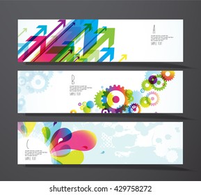 Set of abstract colorful splash, toothed wheels and arrows gift cards.