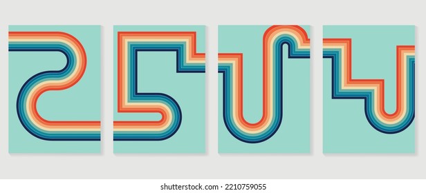 Set of abstract colorful stripes Background vector. 70s retro vintage style illustration creative cover with rainbow lines, curve geometric shapes. Design for decorative, wall art, poster, banner.