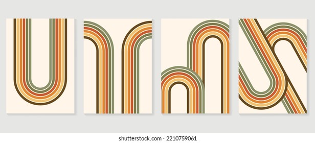Set of abstract colorful stripes Background vector. 70s retro vintage style illustration creative cover with lines, curve geometric shapes. Design for decorative, wall art, poster, banner.