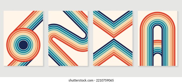 Set of abstract colorful stripes background vector. 70s retro vintage style illustration creative cover with rainbow lines, curve geometric shapes. Design for decorative, wall art, poster, banner.