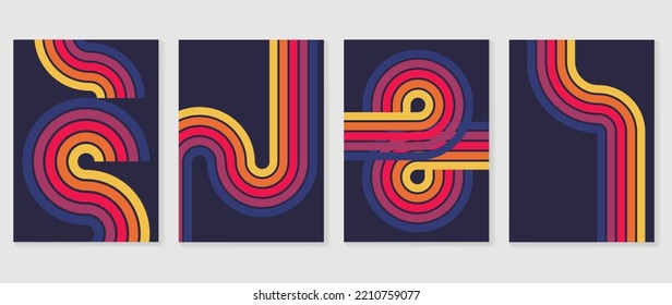 Set of abstract colorful stripes background vector. 70s retro vintage style creative cover with groovy lines, curve, circle, geometric shapes. Design for decorative, wall art, poster, banner.