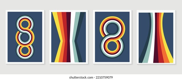 Set Of Abstract Colorful Stripes Background Vector. 70s Retro Vintage Style Creative Cover With Lines, Curve, Circle, Infinity, Geometric Shapes. Design For Decorative, Wall Art, Poster, Banner.