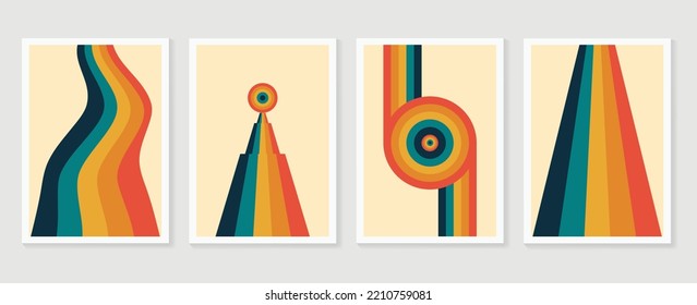 Set of abstract colorful stripes background vector. 70s retro vintage style creative cover with lines, curve, circle, geometric shapes. Design for decorative, wall art, poster, banner.