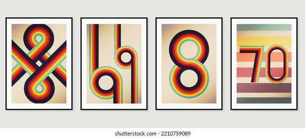 Set Of Abstract Colorful Stripes Background Vector. 70s Retro Vintage Style Creative Cover With Lines, Curve, Circle, Infinity, Geometric Shapes. Design For Decorative, Wall Art, Poster, Banner.