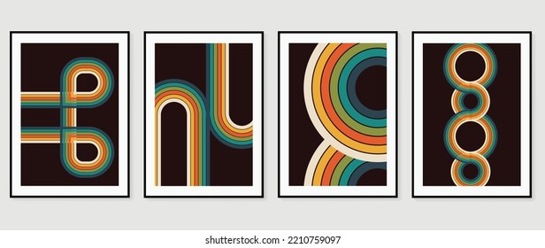 Set Of Abstract Colorful Stripes Background Vector. 70s Retro Vintage Style Creative Cover With Lines, Curve, Circle, Infinity, Geometric Shapes. Design For Decorative, Wall Art, Poster, Banner.