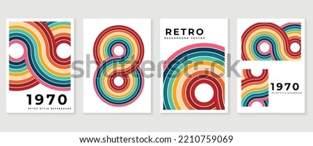 Set of abstract colorful stripes background vector. 70s retro vintage style illustration creative with rainbow lines, curve, circle, infinity shapes. Design for decorative, wall art, poster, banner.
