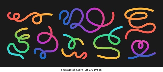 Set of abstract colorful swirl and loop lines with smooth rainbow gradients on a dark background. Modern long fluid wavy lines.