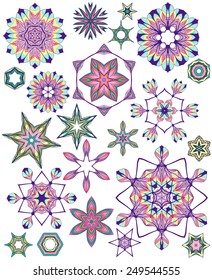 Set of abstract colorful vector stars or snowflakes for your design.