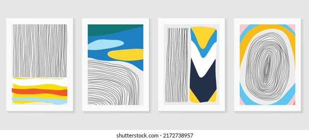 Set of abstract colorful wall art vector. Line art, geometric, organic shapes, pencil line in retro style. Watercolor texture wall decoration collection design for interior, poster, cover, banner.