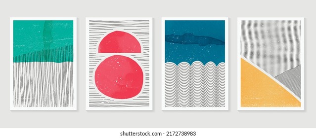 Set of abstract colorful wall art vector. Line art, geometric, organic shapes, pencil line in retro style. Watercolor texture wall decoration collection design for interior, poster, cover, banner.