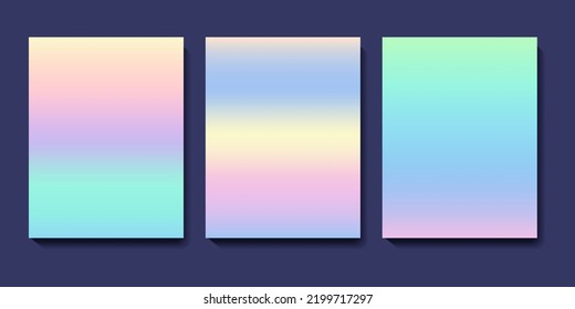 Set of abstract colorful y2k mesh gradients. Cool gradient backgrounds. Colored liquid graphic illustration. Blurred minimalist hologram gradient texture. Vector design