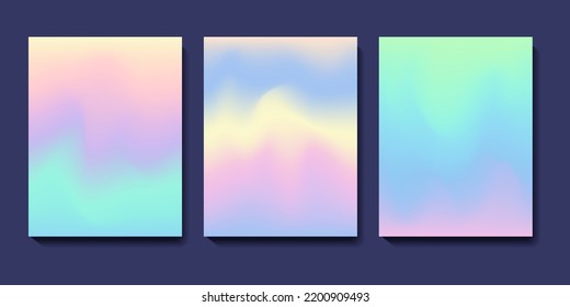 Set of abstract colorful y2k mesh gradients. Cool gradient backgrounds. Colored liquid graphic illustration. Blurred minimalist hologram gradient texture. Editable vector design