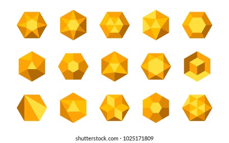 Set of abstract colorful yellow isometric hexagonal gems and jewels (rubies, diamonds, brilliants, sapphires, stones) in geometry style for the game, icon or your company logo