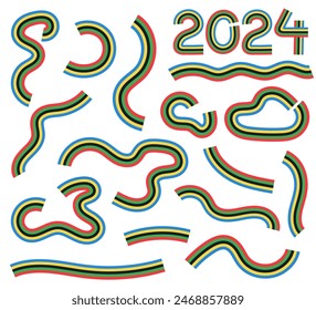 Set of abstract colors shapes stripes, ribbons, flags, lines and text number 2024 on white background. Colorful lettering, logo, design elements for international sport event