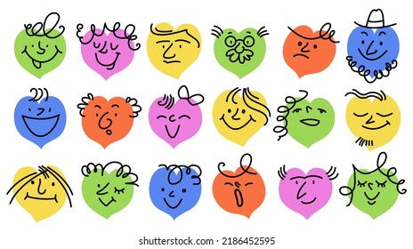 Set of abstract comic hearts with faces and different emotions. Pencil drawing style. Various colorful characters. Cartoon style. Flat design. Hand drawn fashion vector illustration.  white background