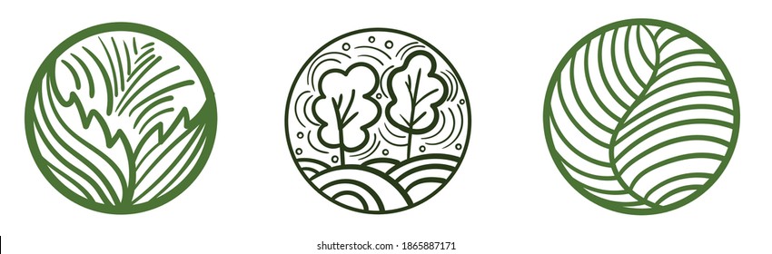 Set of abstract composed circles with leaves. trees, meadows. Geometrical shape compositions. Vector