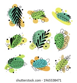 Set of abstract compositions. Hand drawn linear leaves, isolated on white background. Print for shirt or postcard