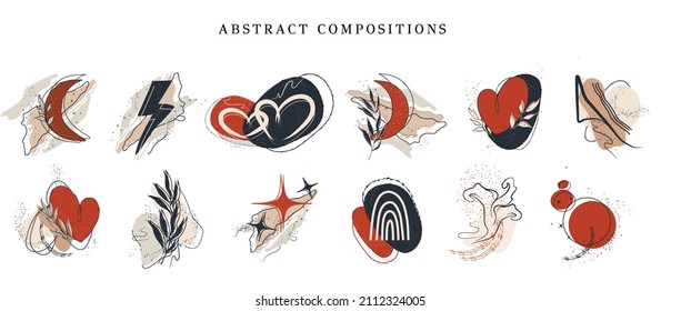 a set of abstract compositions. romantic heart, abstract geometric,  organic shapes with tropical leaf. moon with an abstract branch in boho style. hand-drawn objects. isolated on a white background. 