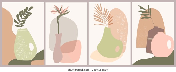 A set of abstract compositions with vases and plants. Simple trendy still lifes. Vector graphics.