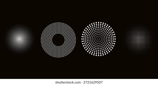 Conjunto de linhas concêntricas abstratas e pontilhadas hipnóticas em forma de círculo. Linhas radiais pontilhadas em meio-tom. Elemento de design para logotipo, impressões, modelo ou cartazes. Ilustração vetorial