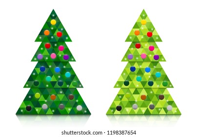 Set of abstract coniferous trees consisting of triangles with reflection and decorated with colorful baubles. Two shades of green. Vector EPS 10