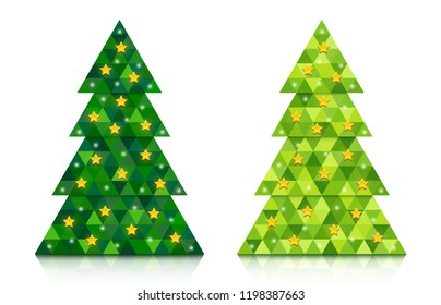 Set of abstract coniferous trees consisting of triangles with reflection and decorated with stars. Two shades of green. Vector EPS 10