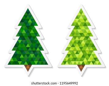 Set of abstract coniferous trees stickers consisting of triangles with two shades of green. Vector EPS 10
