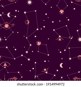Set of abstract constellations associated with third eye, celestial objects, stars, sun, moon. Magical third eye, symbol of soul in esoteric science. Seamless vector pattern for tarot cards design.