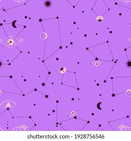 Set of abstract constellations associated with third eye, celestial objects, stars, sun, moon. Magical third eye, symbol of soul in esoteric science. Seamless vector pattern for tarot cards design.