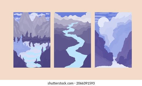 Set of Abstract contemporary aesthetic background with mountain landscape. Minimalist flat design. vector background illustration.