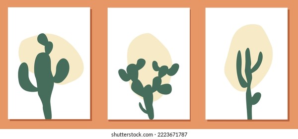 A Set Of Abstract Contemporary Aesthetic Background With A Cactus Theme Suitable For Wall Decor, Binder Coverings, Decorations, Wallpapers. Cactus Decoration.