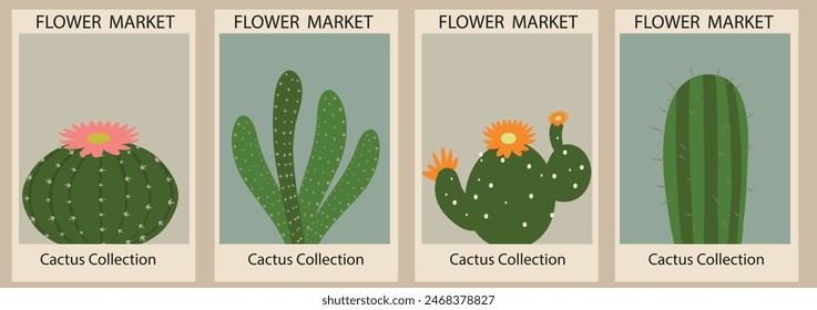 Conjunto de carteles abstractos de estética contemporánea Flower Market. Arte botánico de moda con diseño de cactus en colores brillantes. Decoraciones de interiores modernas e ingenuas. Ilustración de Arte vectorial boho. 