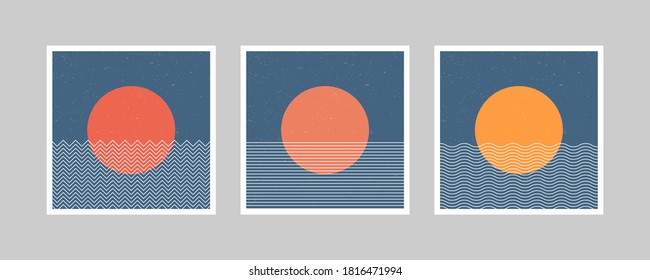 Set Of Abstract Contemporary Aesthetic Sunset Background With Different Lines Wave In Pastel Colors. Vector