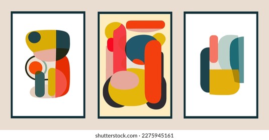 Set of abstract contemporary art posters with primitive shapes. Vector illustration. Flat color style