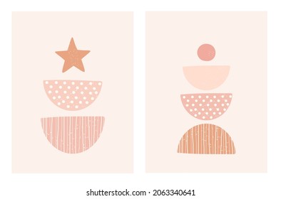 Set of abstract contemporary backgrounds with geometric shapes, lines, dots, star, moon and sun. Mid century modern wall decoration.