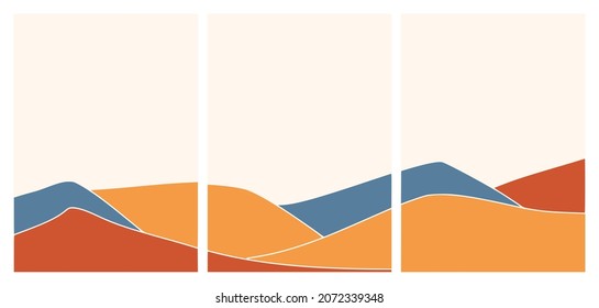 Set of abstract contemporary backgrounds with landscape mountains. Mid century modern wallpaper decoration.